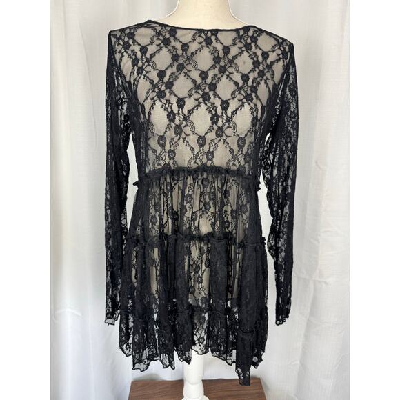 easel Tops - Black Lace Sheer Babydoll Top Romantic Boho Layering Medium